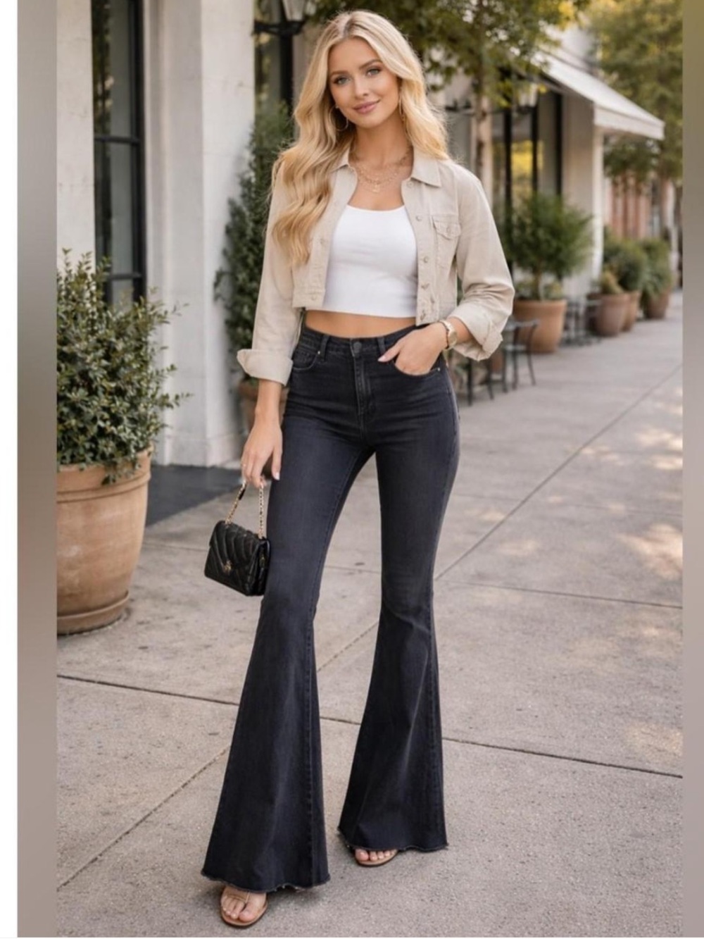 Free People black stretch bell bottom flare jeans raw hem boho Made in USA